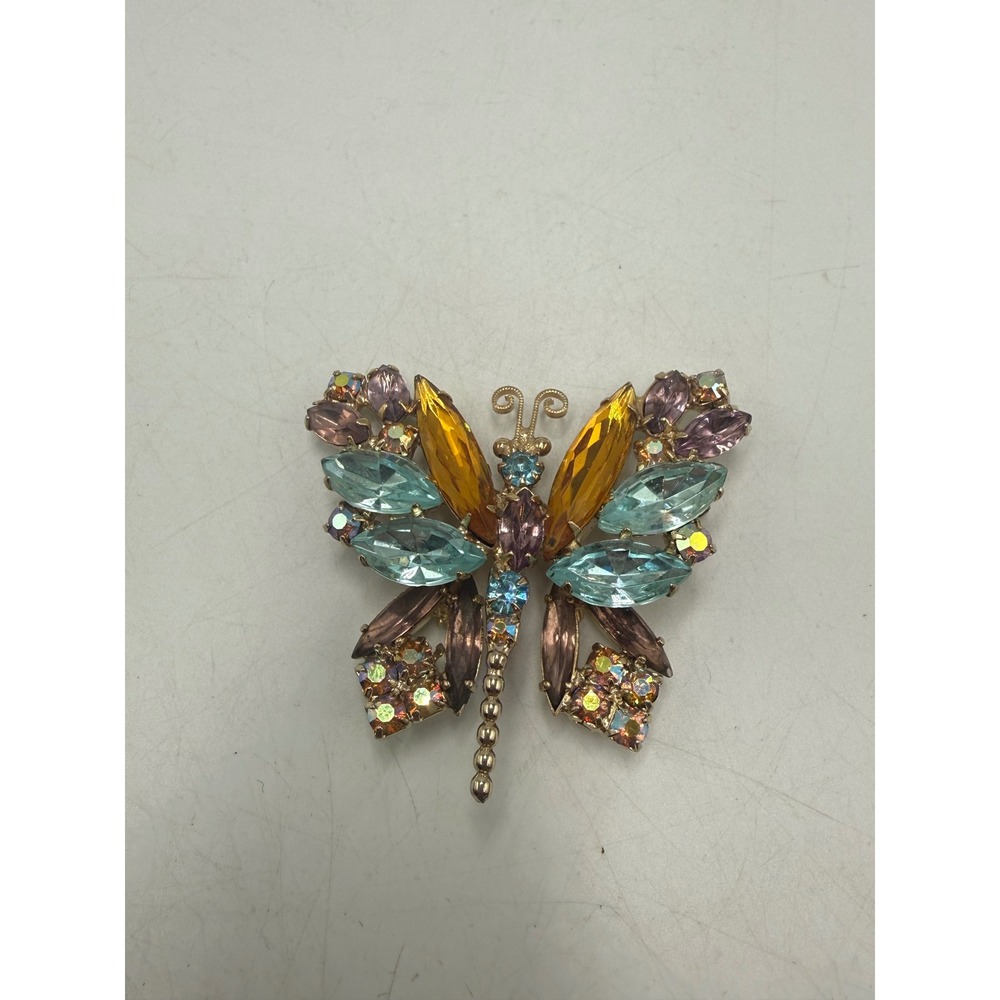 Vintage Multi Color Rhinestone Butterfly Brooch Gold Tone Insect Pin 2 Inch - Picture 3 of 4